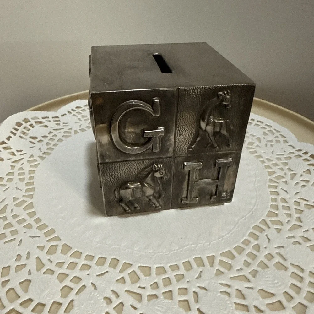 Godinger Silver ABC Block Piggy Bank Cube Nursery Baby Keepsake Metal‎